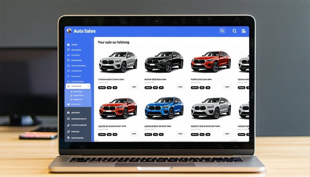 Online auto sales platform showing car listings on a laptop Online auto sales platform showing car listings on a laptop
